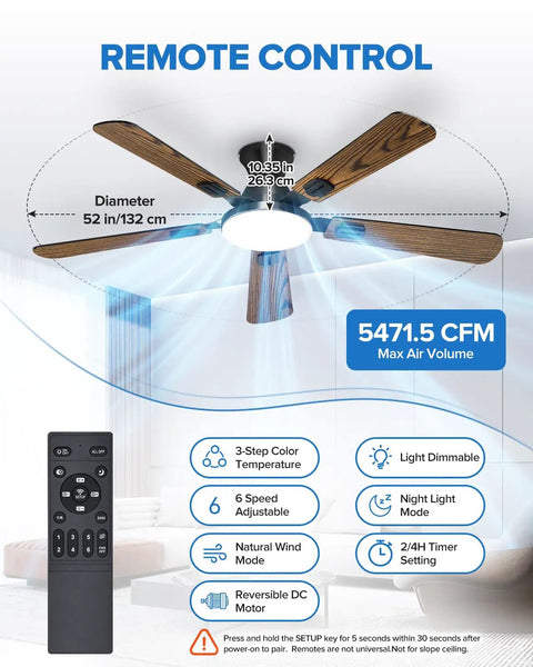 52 Inch Ceiling Fan With Remote Control And Integrated Lighting Flush Mount Style With Real Wood Blades And Matte Black Finish in indoor setting.