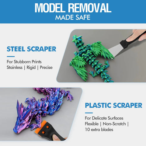 Steel scraper and plastic scraper for 3D printers; two tools with handles shown on a gray background
