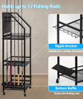 Heavy Duty Fishing Rod Storage Rack For Garage Organization Holds Up To 12 Rods With Pegboard And Hooks Durable Iron Frame And Wood Shelf Rolling Tackle Cart For Easy Garage Tidy And Quick Access shown with rods and ripple bracket detail.