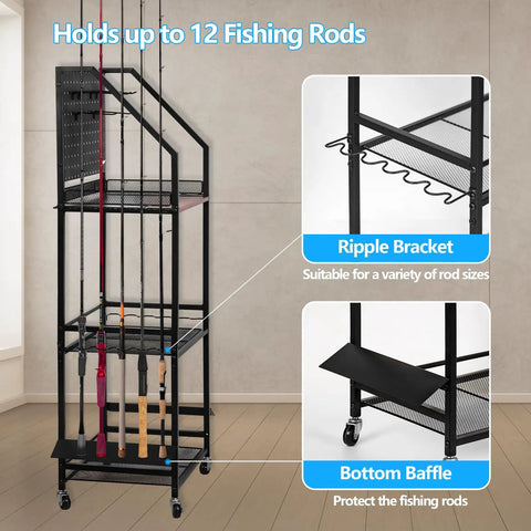Heavy Duty Fishing Rod Storage Rack For Garage Organization Holds Up To 12 Rods With Pegboard And Hooks Durable Iron Frame And Wood Shelf Rolling Tackle Cart For Easy Garage Tidy And Quick Access shown with rods and ripple bracket detail.