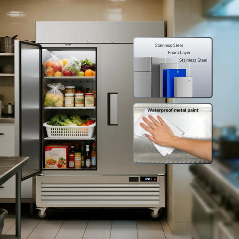 Heavy Duty 49 Cu Ft Commercial Reach In Fridge With WiFi App Controls And Slick Touch Displays built tough with stainless steel, inside view.