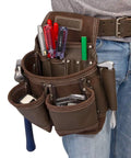 Nine Pocket Full Leather Framer Pouch Brown With Wet Formed Hammer Holder Pro Grade Cowhide on belt with tools visible