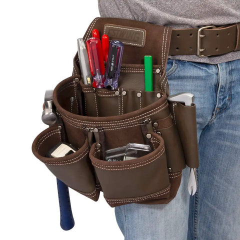 Nine Pocket Full Leather Framer Pouch Brown With Wet Formed Hammer Holder Pro Grade Cowhide on belt with tools visible