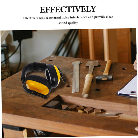 Lock Down Every Distraction Heavy Duty Noise Reduction Earmuffs on a workbench with tools, showing industrial design for hearing protection.