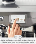 Level Up Your Daily Grind With This Pro Grade Bean To Cup Espresso Machine Featuring A Built In Grinder Automatic Milk Steamer And Sophisticated Black Truffle Design touch screen display showing drink options.