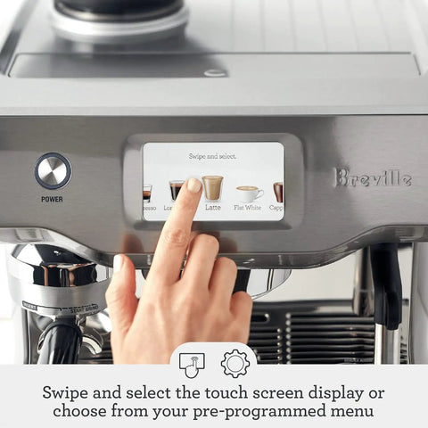 Level Up Your Daily Grind With This Pro Grade Bean To Cup Espresso Machine Featuring A Built In Grinder Automatic Milk Steamer And Sophisticated Black Truffle Design touch screen display showing drink options.