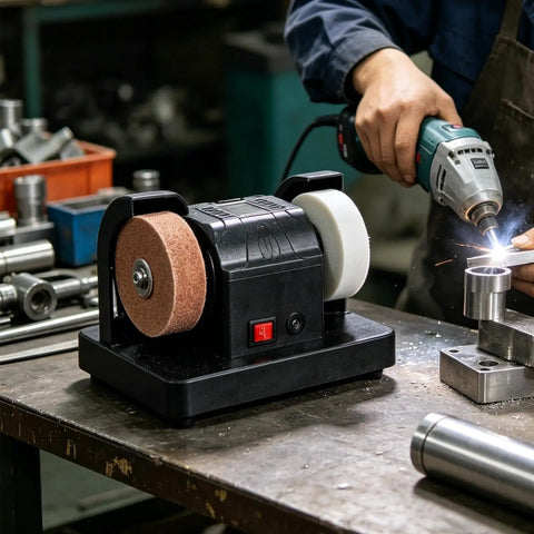 Electric Double Grinding Wheel Buffer That Cracks Rust Seals and Slays Dull Edges With Heavy Duty Polishing Power on a workbench.