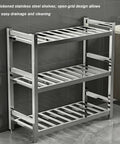 Straight Up Sturdy Stainless Steel Shelving Rack With Adjustable Anti Slip Feet For Multi Tier Kitchen Organization And High Capacity Open Grid Storage Setup That Never Sags, featuring three thick shelves and open grid design.