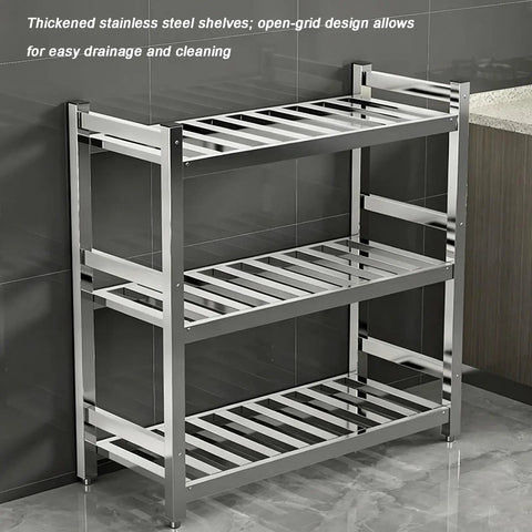 Straight Up Sturdy Stainless Steel Shelving Rack With Adjustable Anti Slip Feet For Multi Tier Kitchen Organization And High Capacity Open Grid Storage Setup That Never Sags, featuring three thick shelves and open grid design.