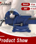 4 Inch Bench Vise With Solid Anvil And 360 Degree Swivel Locking Base, blue vise on a workbench in product show