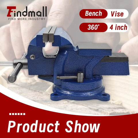 4 Inch Bench Vise With Solid Anvil And 360 Degree Swivel Locking Base, blue vise on a workbench in product show