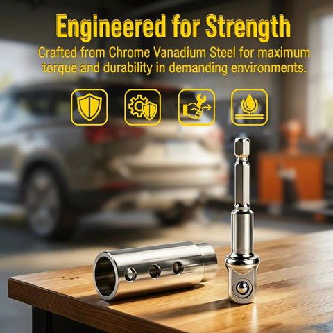 Beefed Up Stainless Steel Trailer Jack Drill Adapter With One Inch Drive Shaft And Half Socket Bit on wooden table.
