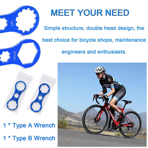 Aluminum Alloy Fork Cap Wrench Set Two Pack Pro Grade For Bike Suspension Cap Removal And Installation with cyclist on road