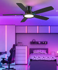 52 Inch Flush Mount Ceiling Fan In Matte Black With Rgb Lighting And Led 3Cct Dimmable Bulbs, modern bedroom setup with purple lighting.