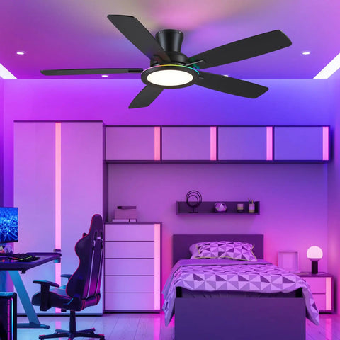 52 Inch Flush Mount Ceiling Fan In Matte Black With Rgb Lighting And Led 3Cct Dimmable Bulbs, modern bedroom setup with purple lighting.