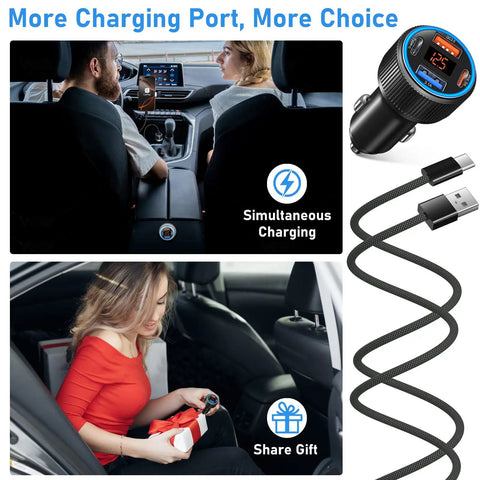65 Watt Four Port Type C Car Charger Kit With Four Reinforced Usb C Cables, users enjoying simultaneous charging in car.