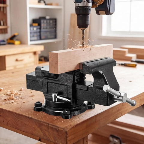 Built Like A Tank Heavy Duty Bench Vise With 4 Inch Ductile Iron Jaws And Full Rotary Swivel Base on wooden table with drill