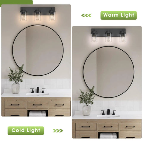Three Light Matte Black Vanity Light With Clear Glass Shades For Bathroom Mirror Over Vanity 22 Inch Modern Wall Sconces
