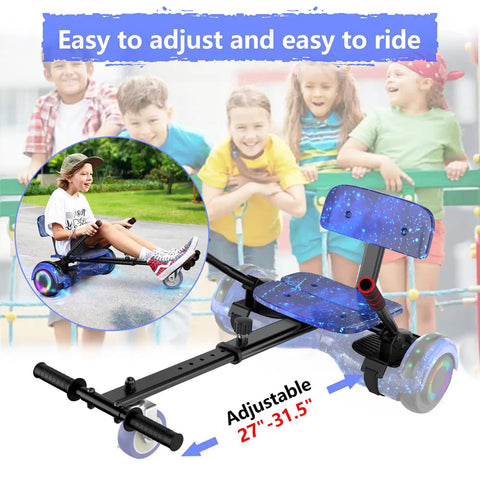 Self Balancing Scooter With Seat Attachment 6.5 Inch Wheels Go Kart Style With Colorful LED Lights And Bluetooth For Kids Teens And Adults All Ages Star Blue With Kart. Adjustable frame, shown with children in background.