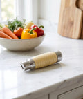 DIY Replacement Wooden Handle for Japanese Knife, Ergonomic Round Grip on kitchen counter with vegetables in background