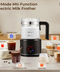 Six In One Electric Milk Frother With 17 Oz Capacity Dope Auto Warm And Cold Foam Maker For Coffee Latte Cappuccino Macchiato Hot Chocolate One Button Operation Black Finish displayed with foam options