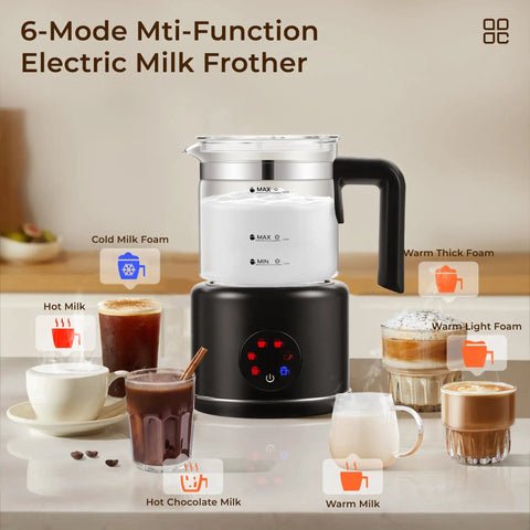 Six In One Electric Milk Frother With 17 Oz Capacity Dope Auto Warm And Cold Foam Maker For Coffee Latte Cappuccino Macchiato Hot Chocolate One Button Operation Black Finish displayed with foam options