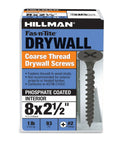 Coarse Thread Drywall Screws Number 8 By 2 Point 5 Inch Black Phosphate Coating with Phillips Drive and Tapered Bugle Tip. Image of packaging.
