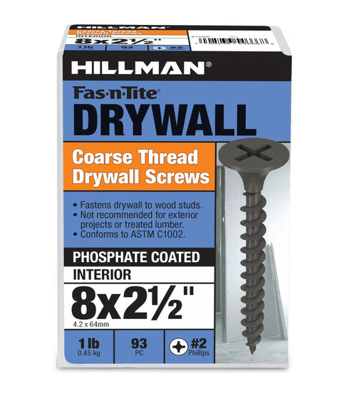 Coarse Thread Drywall Screws Number 8 By 2 Point 5 Inch Black Phosphate Coating with Phillips Drive and Tapered Bugle Tip. Image of packaging.