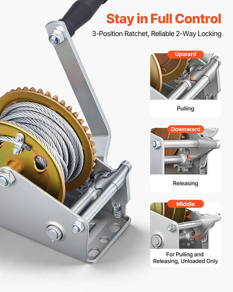 Beefy 1600 Lb Boat Winch With 32.8 Ft Steel Wire Hand Crank Towing Winch Two Way Ratchet Anti Slip Handle Easy Install For Boat Trailer And ATV Towing, 3-position ratchet