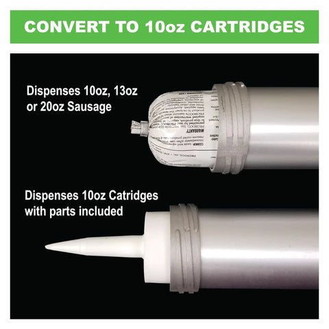 Heavy Duty 20 Oz Sausage Caulking Gun With 18 To 1 Drive Pro Grade Aluminum Barrel showing cartridge conversion
