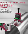 Front view of pink magnetic pipe center finder with adjustable dial protractor; fits 1-1/2 to 6 in pipes; 2.75 in head.