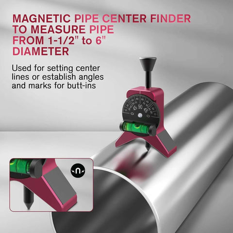 Front view of pink magnetic pipe center finder with adjustable dial protractor; fits 1-1/2 to 6 in pipes; 2.75 in head.