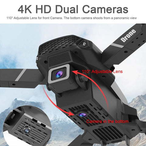 Close-up of Mini Foldable Drone With Two 4K HD Cameras showcasing 110 degree adjustable front camera and bottom lens over mountains.