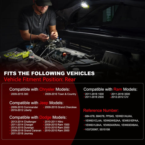 Mechanic installing parking assist sensor kit for Dodge Ram, Jeep Grand Cherokee, and compatible vehicles under hood.