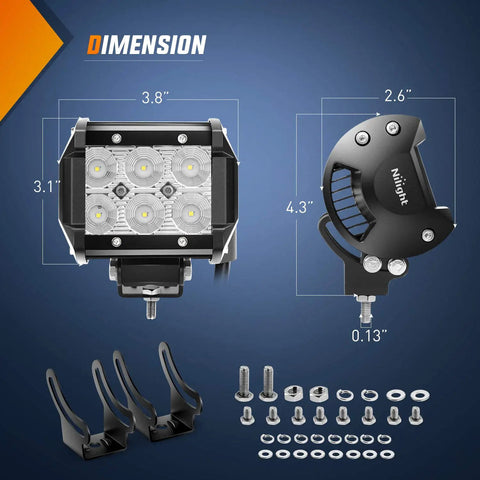 Led Pods 2 Pack 18W 1260LM Flood Off Road Lights with dimensions and mounting parts shown