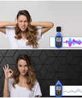 Woman covering ears in distress and then smiling, showcasing the effects of Twelve Pack Peel And Stick Acoustic Wall Panels High Density Sound Proof Foam Tiles Black Noise Reducing Bricks Slap Right On Kills Echo Dead No Sweat Setup.