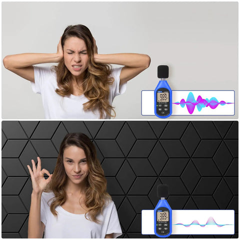 Woman covering ears in distress and then smiling, showcasing the effects of Twelve Pack Peel And Stick Acoustic Wall Panels High Density Sound Proof Foam Tiles Black Noise Reducing Bricks Slap Right On Kills Echo Dead No Sweat Setup.