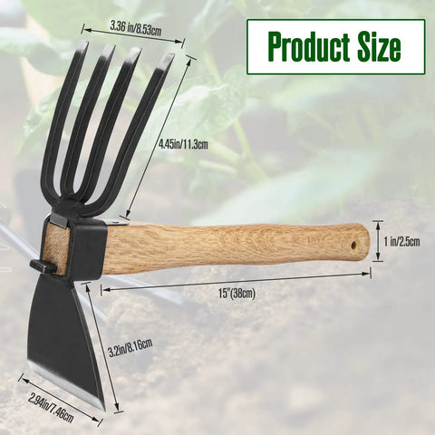 Two In One Garden Hoe And Cultivator For Weeding And Planting, Japanese Style Hand Tool with size dimensions labeled on wood handle and metal blade.