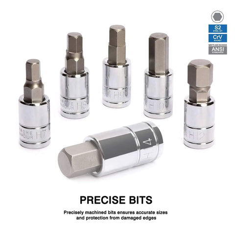 Thirteen Piece Metric Hex Bit Socket Set With One Quarter, Three Eighths, One Half Inch Drives From Two To Fourteen Millimeter, S2 Alloy Steel