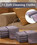 YUA 12-pack gray microfiber cleaning cloths with pink corner flower pattern, folded on table; close-up edge detail.