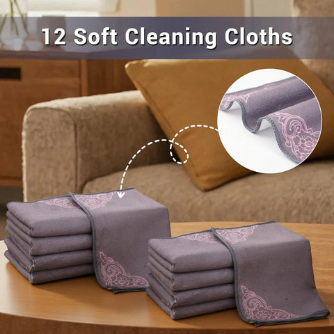YUA 12-pack gray microfiber cleaning cloths with pink corner flower pattern, folded on table; close-up edge detail.