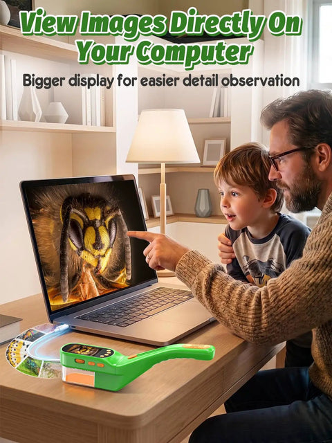 Kid Friendly Digital Bug Catcher Microscope Kit With 2.4 Inch IPS Screen For Safe Insect Viewing, 2 In 1 Bug Collector And Microscope For Hands On STEM Learning And Backyard Exploration. Green plastic bug catcher microscope on desk beside laptop.
