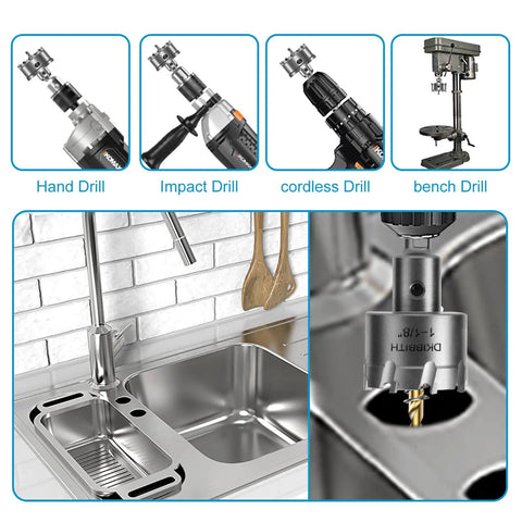 Heavy Duty TCT Hole Saw Kit 7 Piece Set With Tungsten Carbide Tips for stainless steel sink installation.