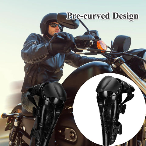 Motorcyclist wearing protective knee pads for motorcycle and mountain biking adjustable long leg sleeve shin guards crashproof nonslip