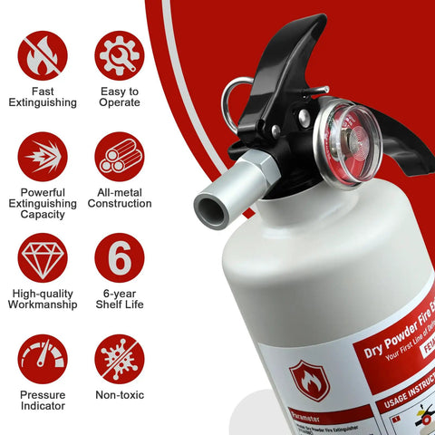 Four Pack Of 2.5 Lb Abc Dry Chemical Fire Extinguishers Rated 1A 10B C with nozzle and pressure indicator details.