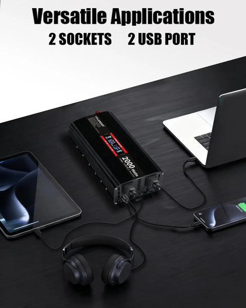 No Sweat Setup Heavy Duty Road Warrior 2000 Watt 12V DC To 110V AC Inverter with dual AC outlets and USB ports in use.