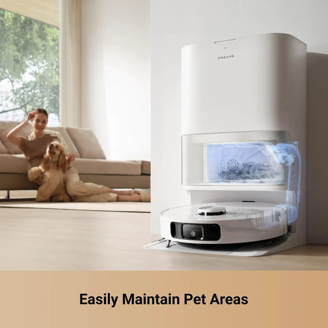 Robot Vacuum And Mop With Crazy 10000 Pa Suction MopExtend Tech All In One Base Station in a living room with pet owner and dog