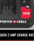 Close-up of the Porter-Cable 20V Max Lithium Ion Charger with 2 Amp fast charge and overload protection on wooden surface.