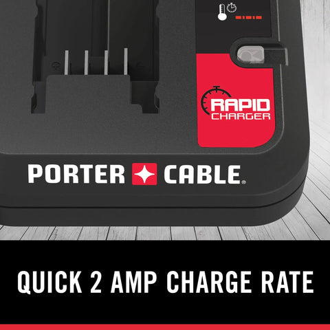 Close-up of the Porter-Cable 20V Max Lithium Ion Charger with 2 Amp fast charge and overload protection on wooden surface.