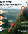 15 Inch Screw In Ground Anchors Pack Of 4 Go-To Heavy Duty Orange Stakes with Drill Bit and Glow Carabiners High Visibility Earth Anchors For Canopies Tents Carports Swing Sets And Outdoor Gear.